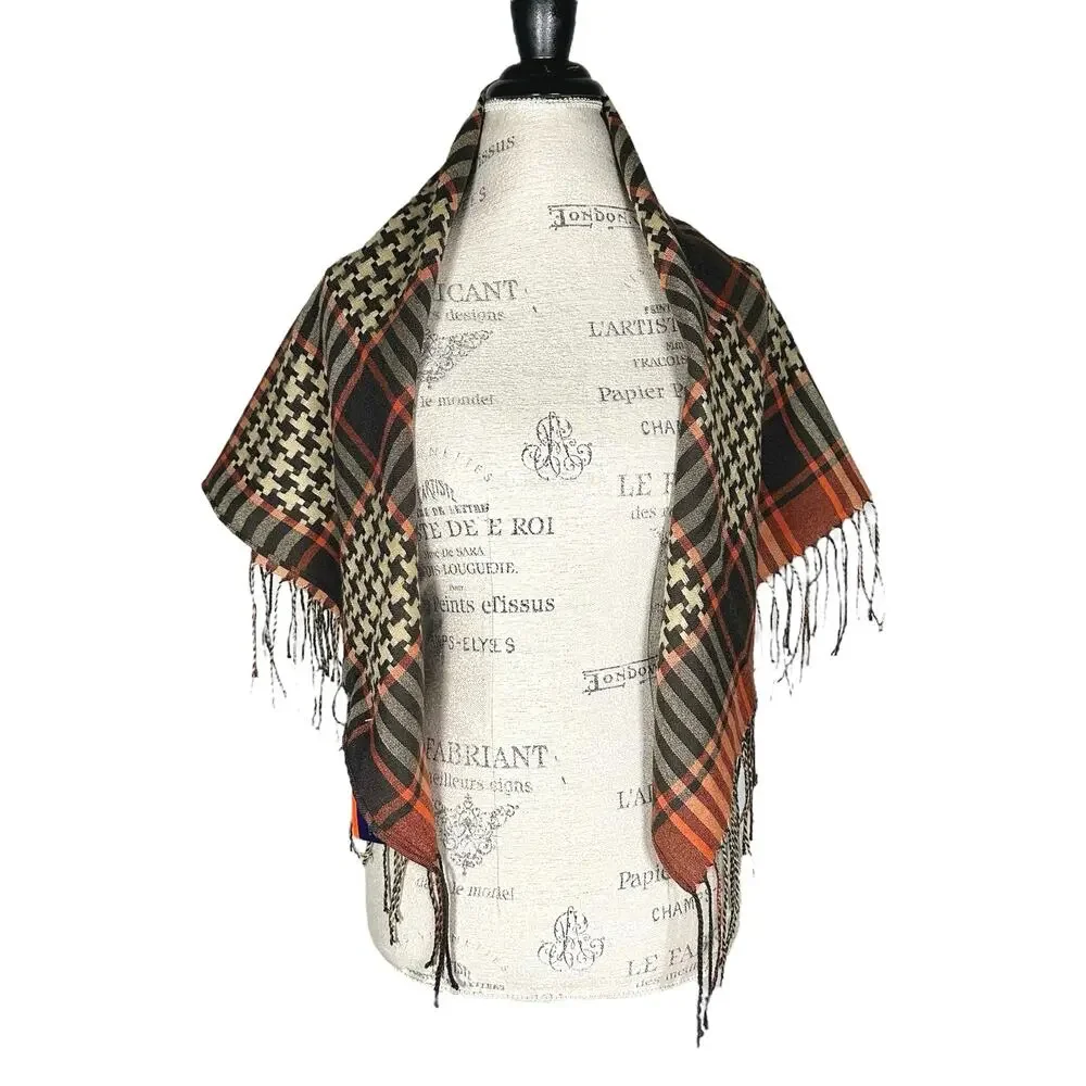 Pashmina | Women | Silk Cashmere Blend Fringe Plaid Geometric Print Square Scarf
